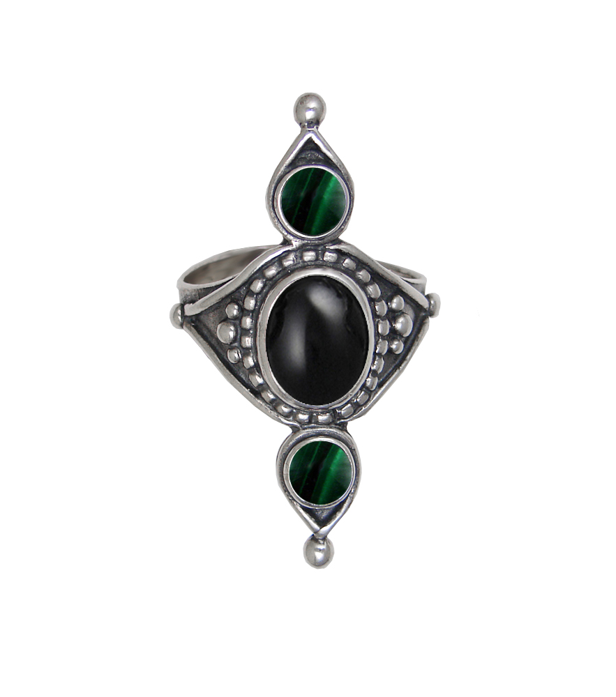 Sterling Silver Royal Ring With Black Onyx And Malachite Size 9